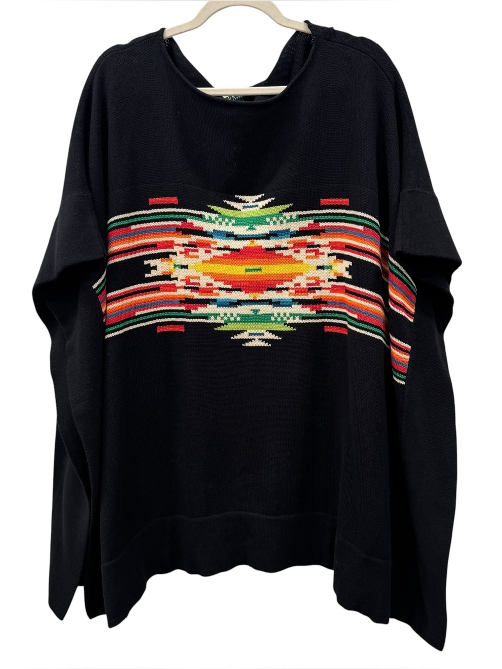 Lauren Ralph Lauren Southwestern Geometric Cotton Knit Poncho Black L/XL